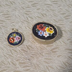 Vintage Italian Micro Mosaic Floral Brooch & Pill Box